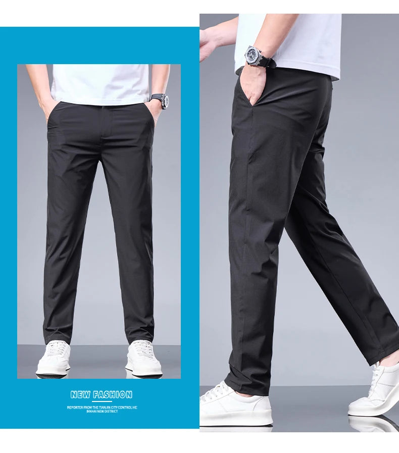 Men’s Ice Silk Summer Pants – Elastic Waist Straight Trousers