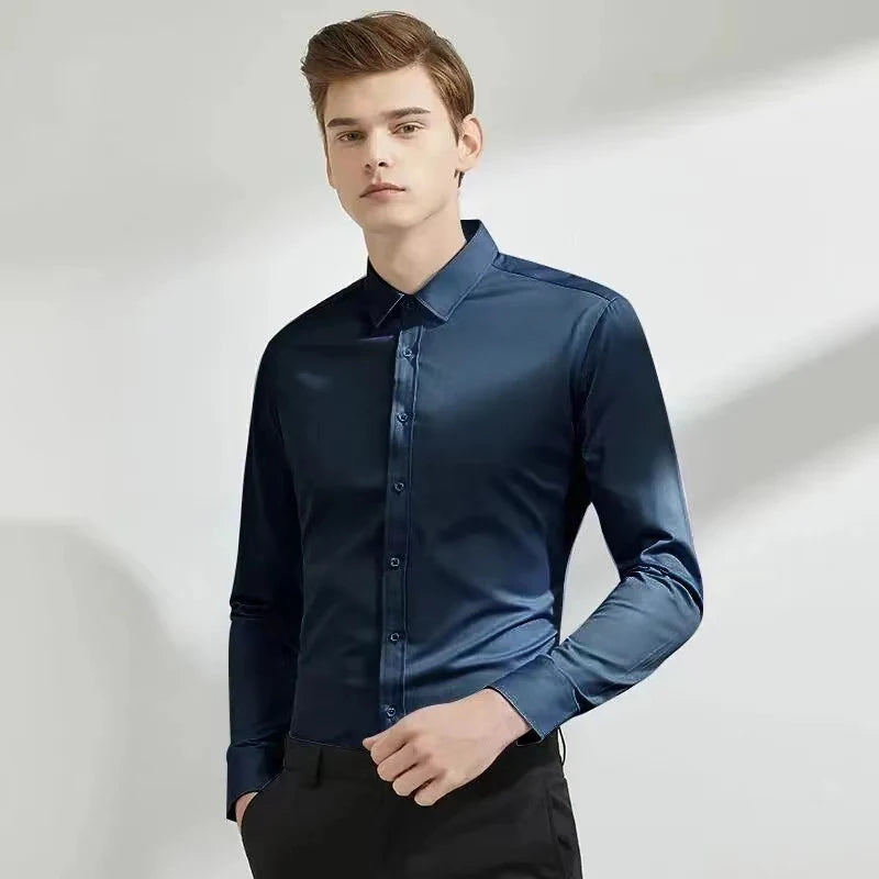 Men’s Slim Fit Navy Work Shirt – Long Sleeve Non-Iron Dress Shirt