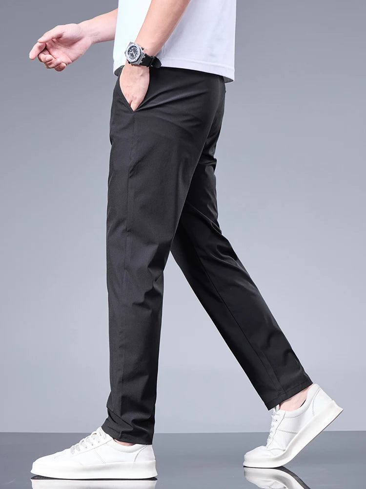 Men’s Ice Silk Summer Pants – Elastic Waist Straight Trousers