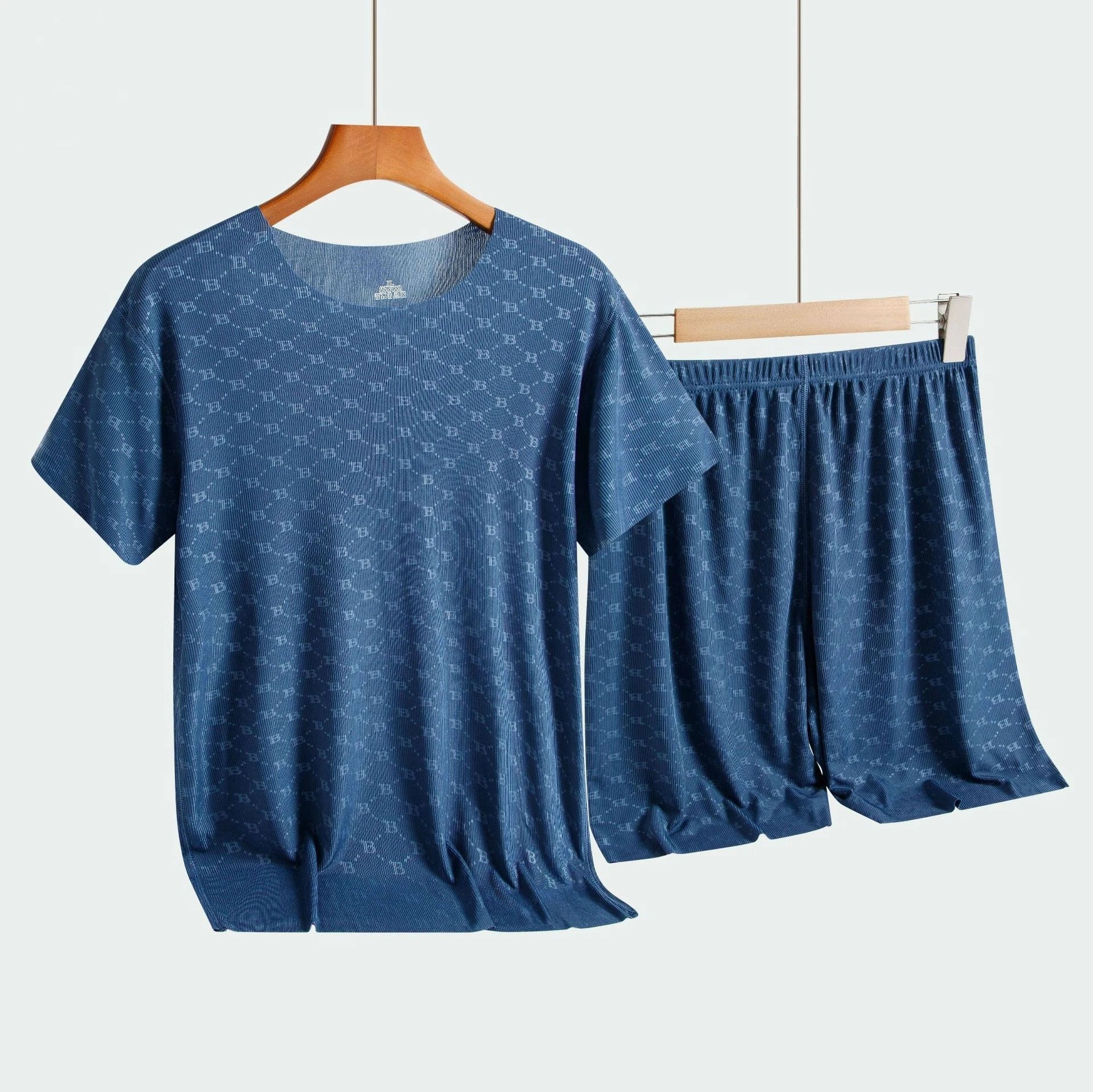 Men’s Summer Ice Silk Pajama Set – Printed Short Sleeve & Pants