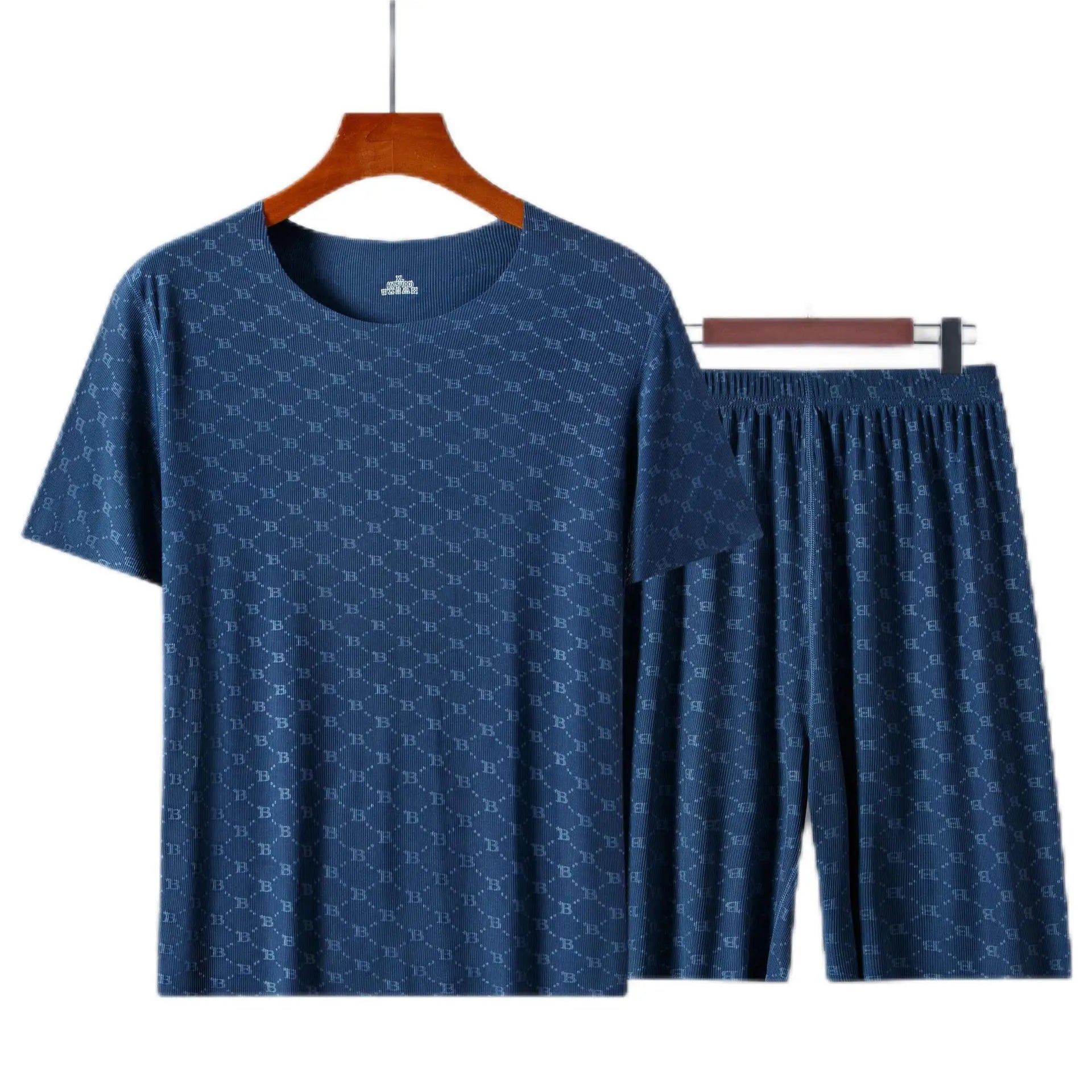 Men’s Summer Ice Silk Pajama Set – Printed Short Sleeve & Pants