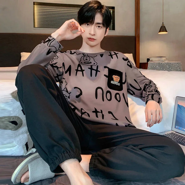 Men’s Plus Size Pajama Set – Cartoon Bear Long Sleeve Loungewear