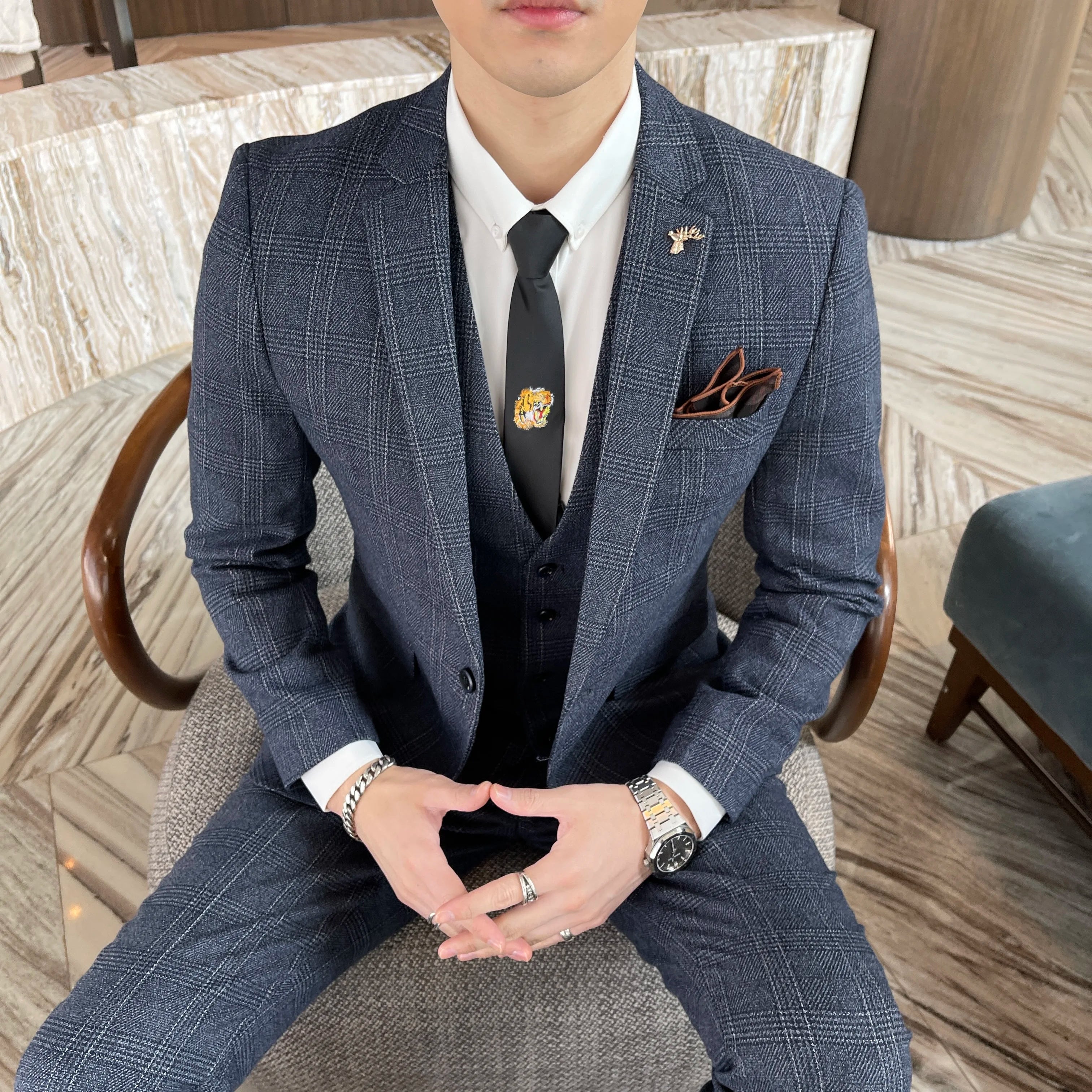 Men’s Korean Plaid 3-Piece Suit – Blazer, Vest & Trousers Set