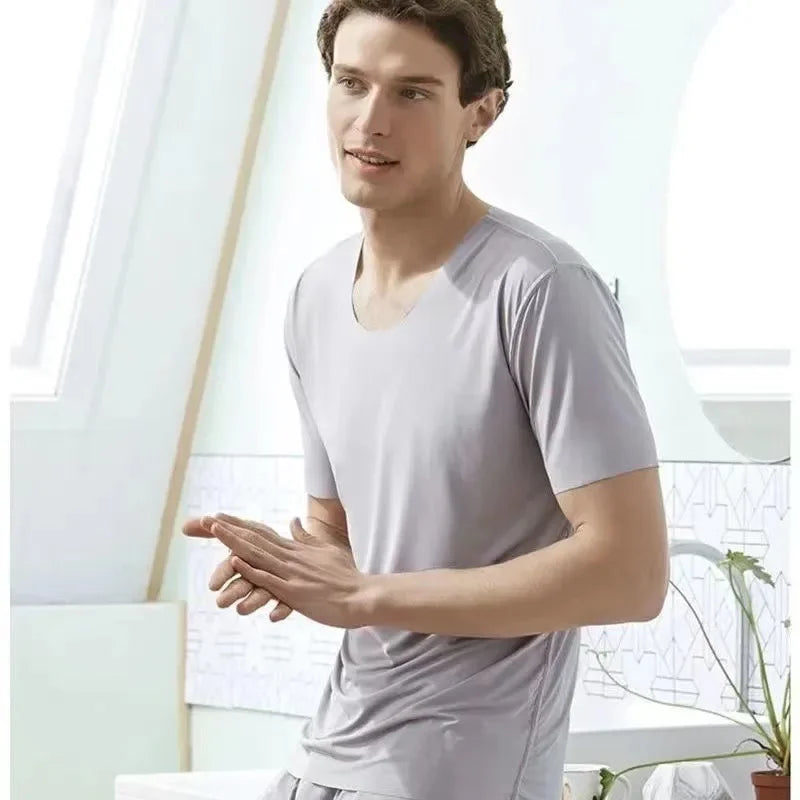 Men’s Ice Silk Pajama Set – Plus Size Short Sleeve Summer Loungewear
