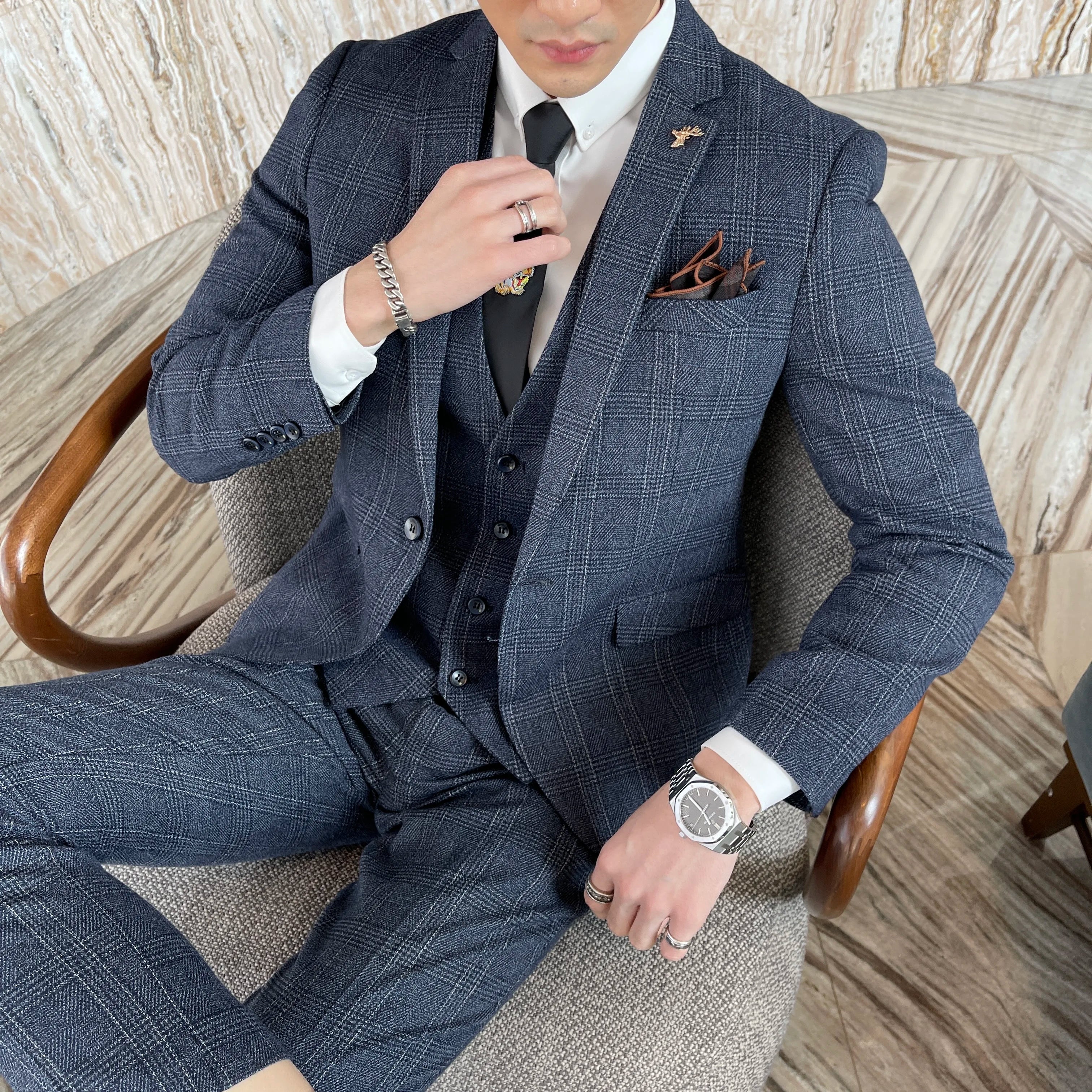 Men’s Korean Plaid 3-Piece Suit – Blazer, Vest & Trousers Set