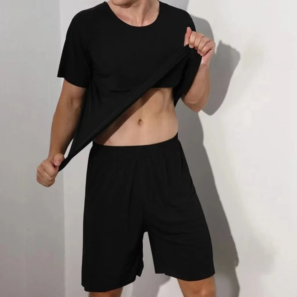 Men’s Ice Silk Pajama Set – Plus Size Short Sleeve Summer Loungewear