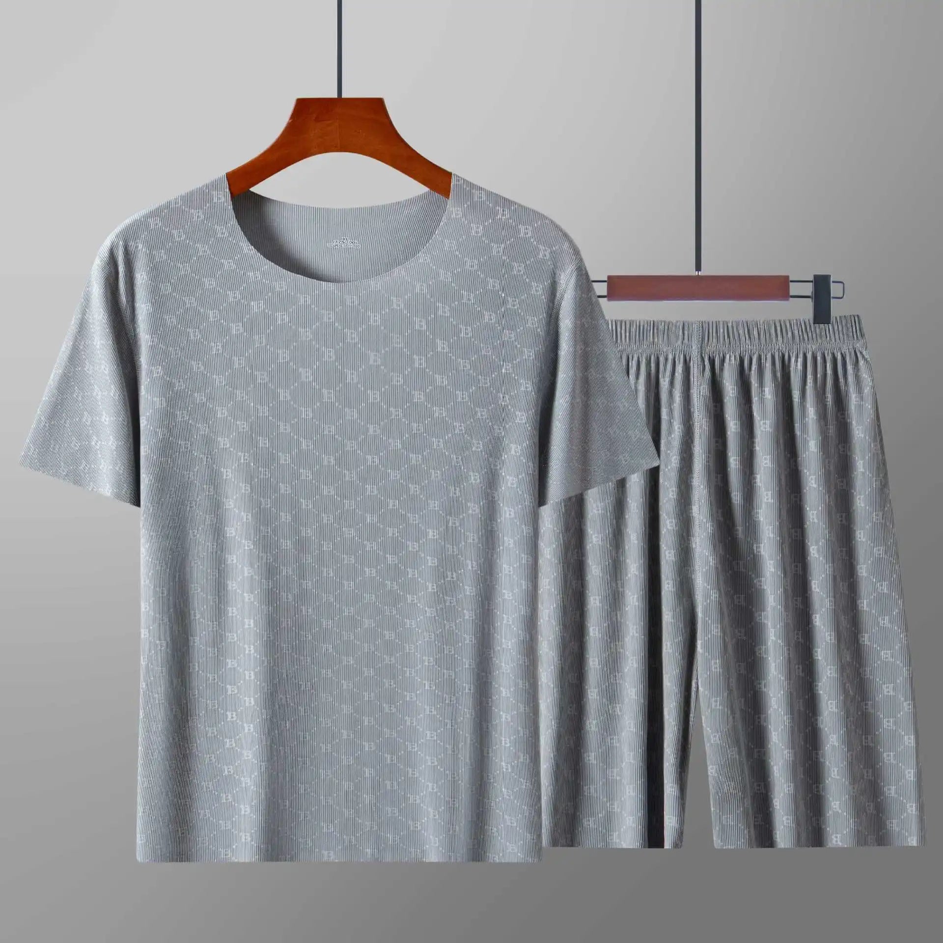 Men’s Summer Ice Silk Pajama Set – Printed Short Sleeve & Pants
