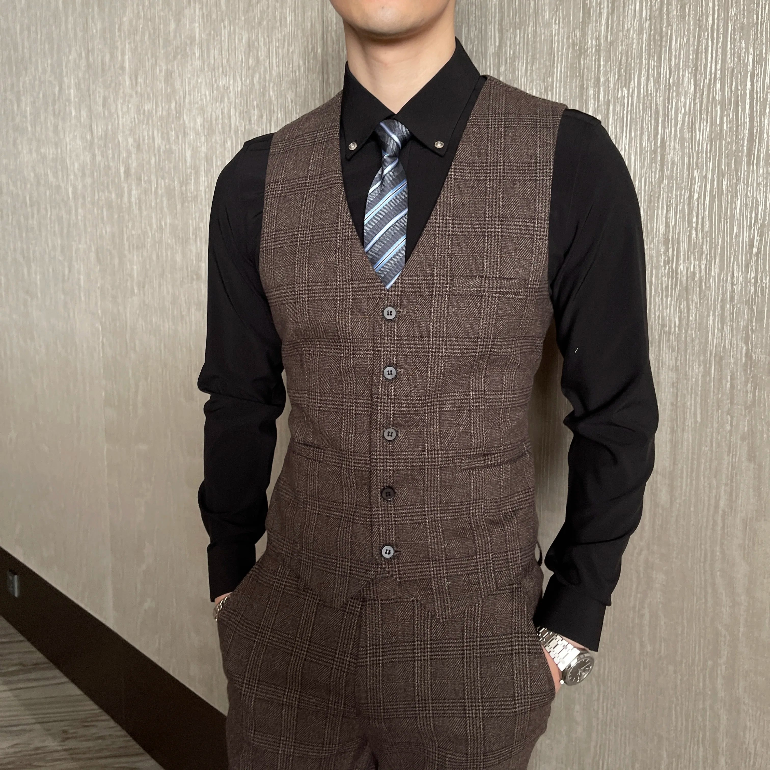 Men’s Korean Plaid 3-Piece Suit – Blazer, Vest & Trousers Set