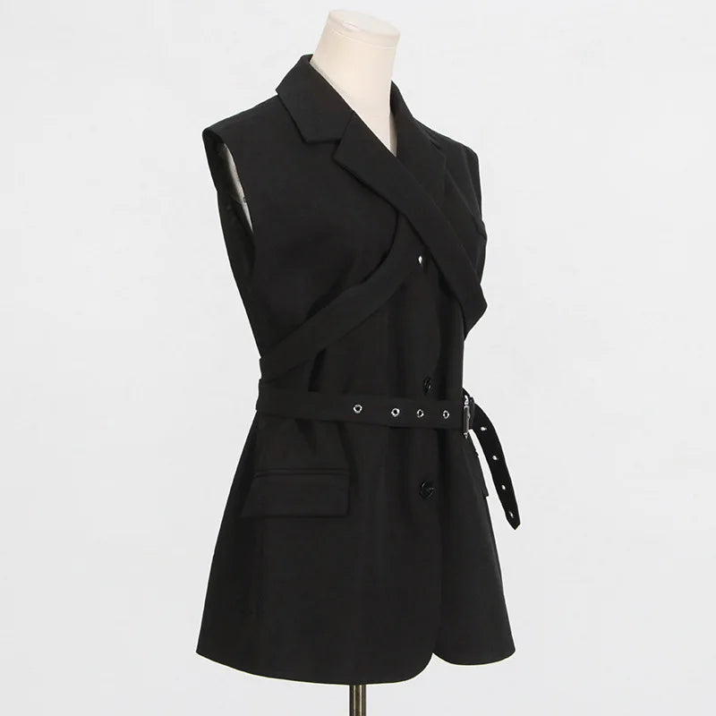 HKSH 2025 Spring Autumn New Women Tide Dark Niche Elegant Temperament Sleeveless Belt Lapel Blazer Chic Ins Y2K Waistcoat HK4714
