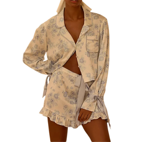 Women’s Floral Pajama Set – Long Sleeve Shirt & Shorts