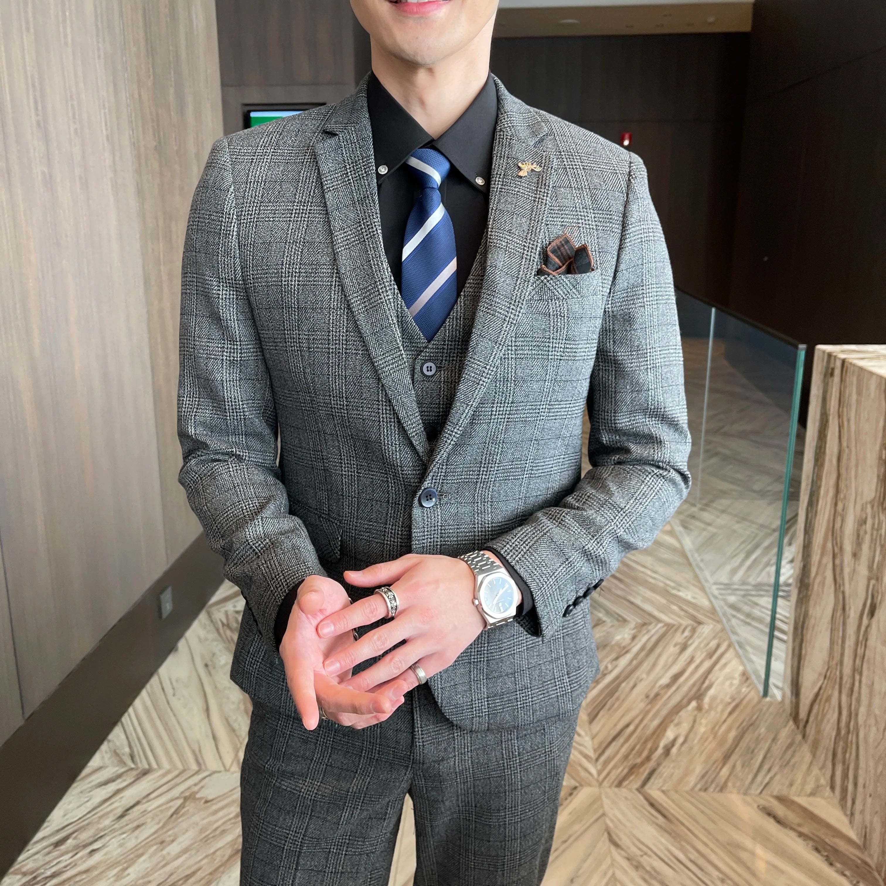 Men’s Korean Plaid 3-Piece Suit – Blazer, Vest & Trousers Set