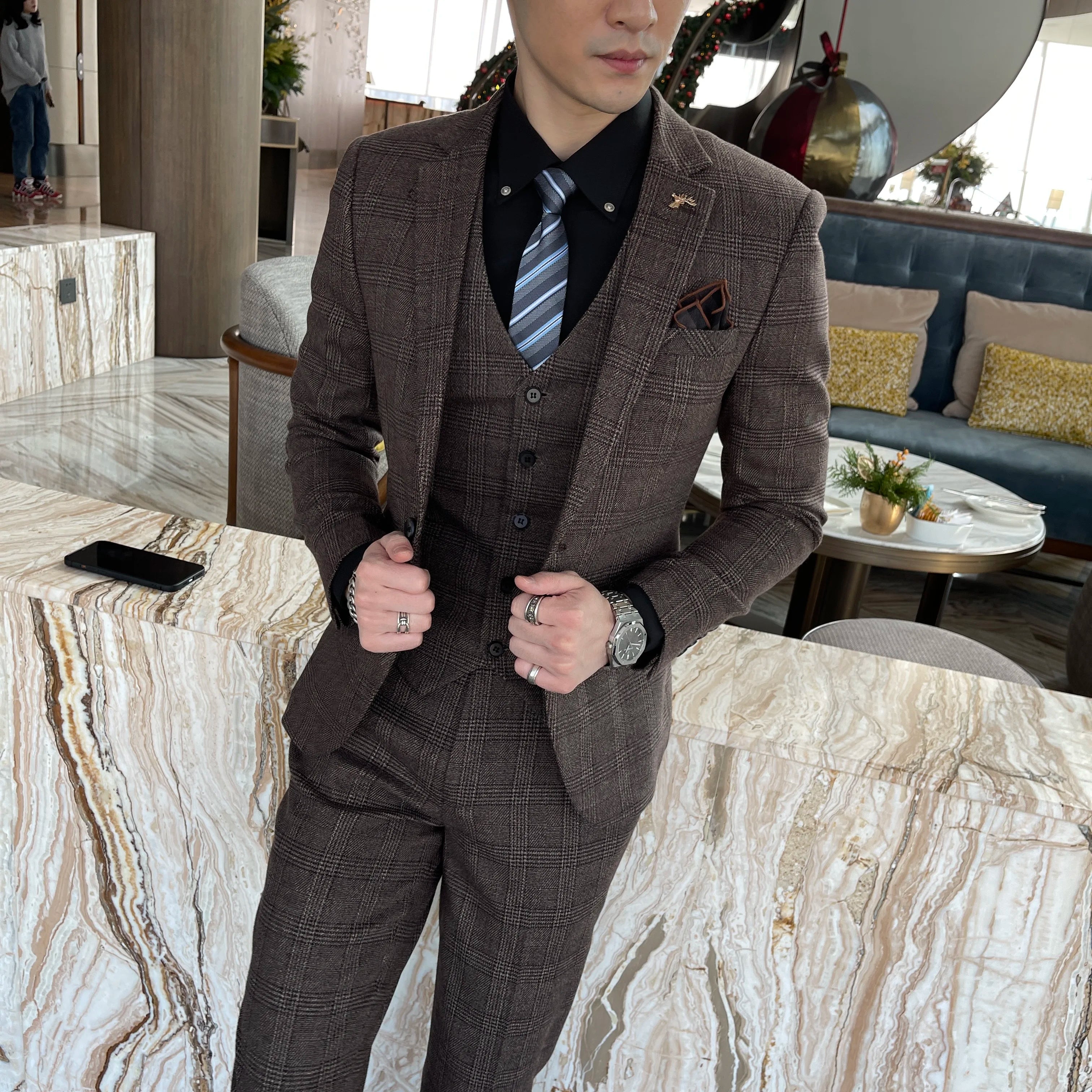Men’s Korean Plaid 3-Piece Suit – Blazer, Vest & Trousers Set