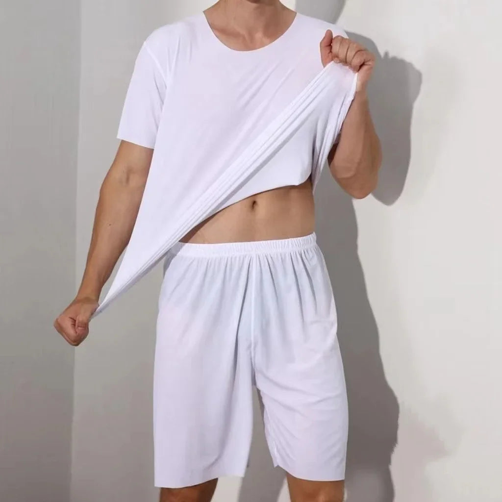 Men’s Ice Silk Pajama Set – Plus Size Short Sleeve Summer Loungewear