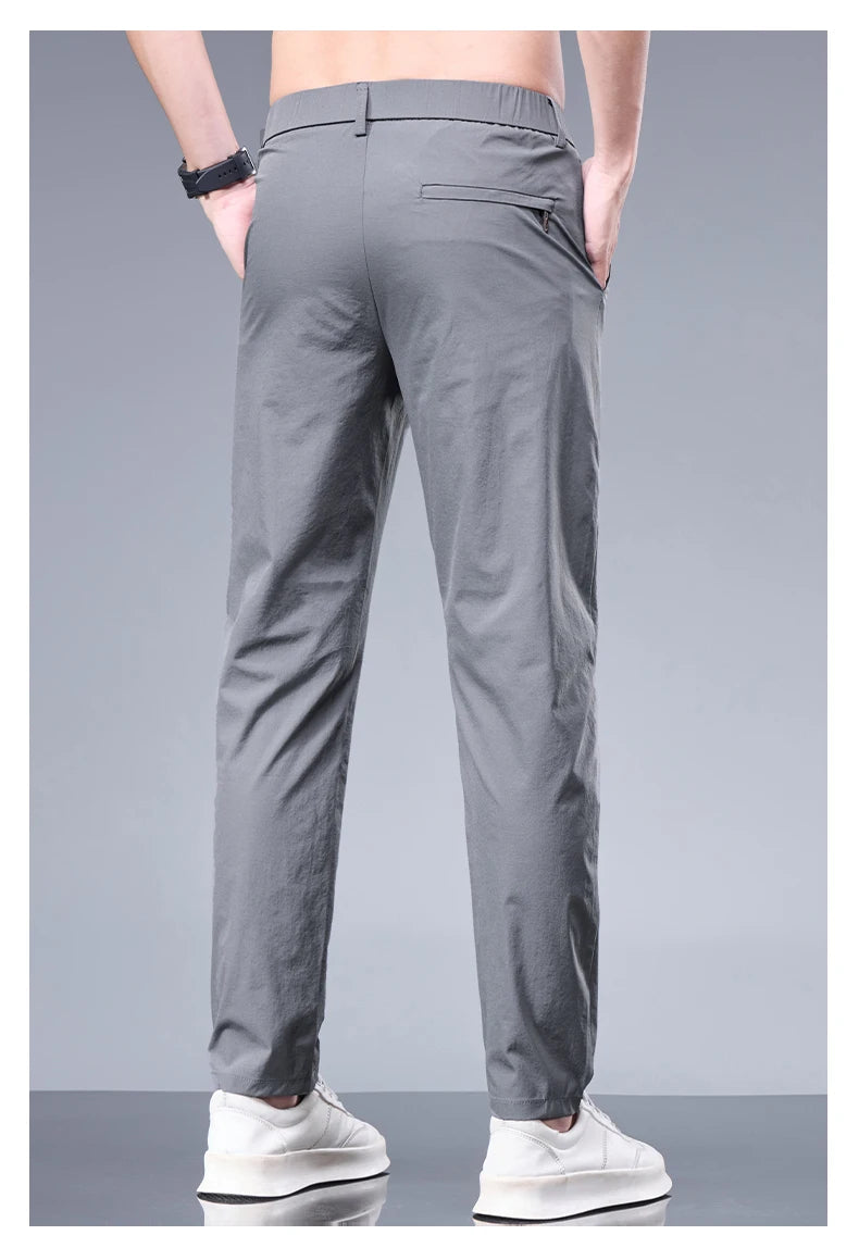 Men’s Ice Silk Summer Pants – Elastic Waist Straight Trousers