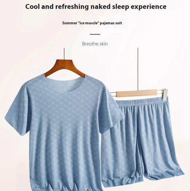 Men’s Summer Ice Silk Pajama Set – Printed Short Sleeve & Pants
