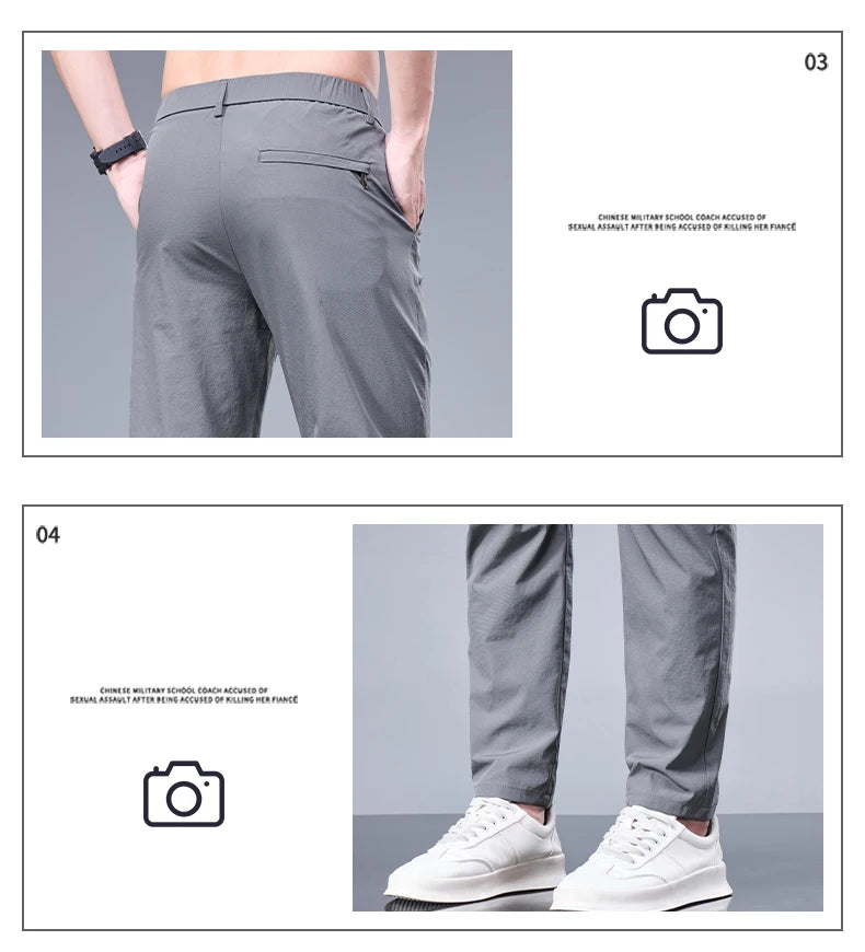 Men’s Ice Silk Summer Pants – Elastic Waist Straight Trousers