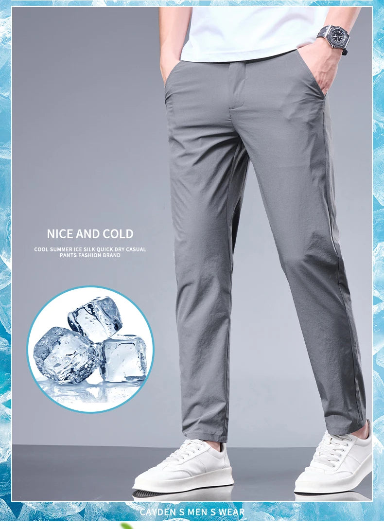 Men’s Ice Silk Summer Pants – Elastic Waist Straight Trousers