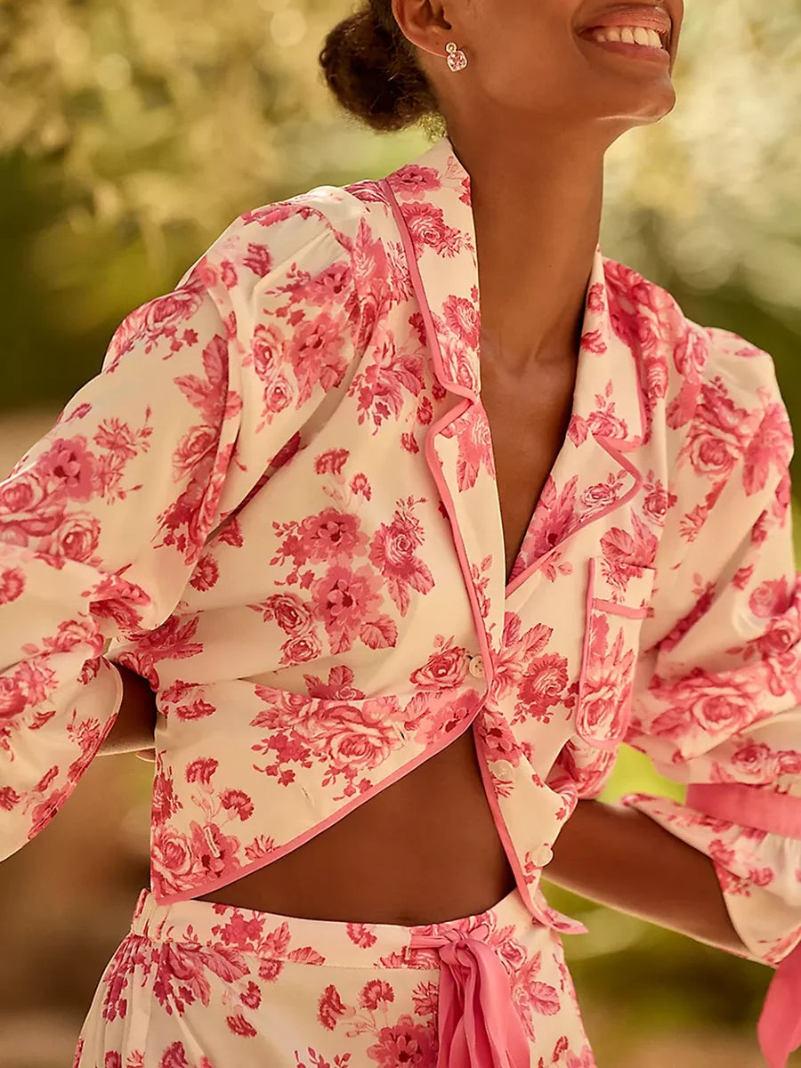 Women’s Floral Pajama Set – Long Sleeve Shirt & Shorts