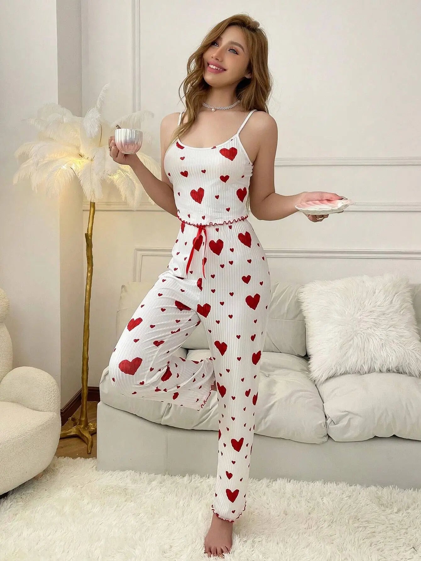 Women’s Heart Print Pajama Set – Sleeveless Top & Long Pants