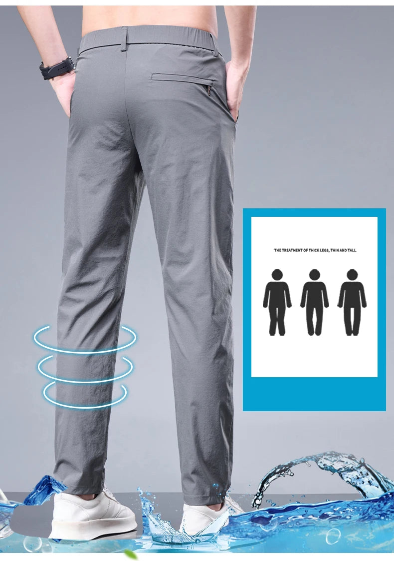 Men’s Ice Silk Summer Pants – Elastic Waist Straight Trousers