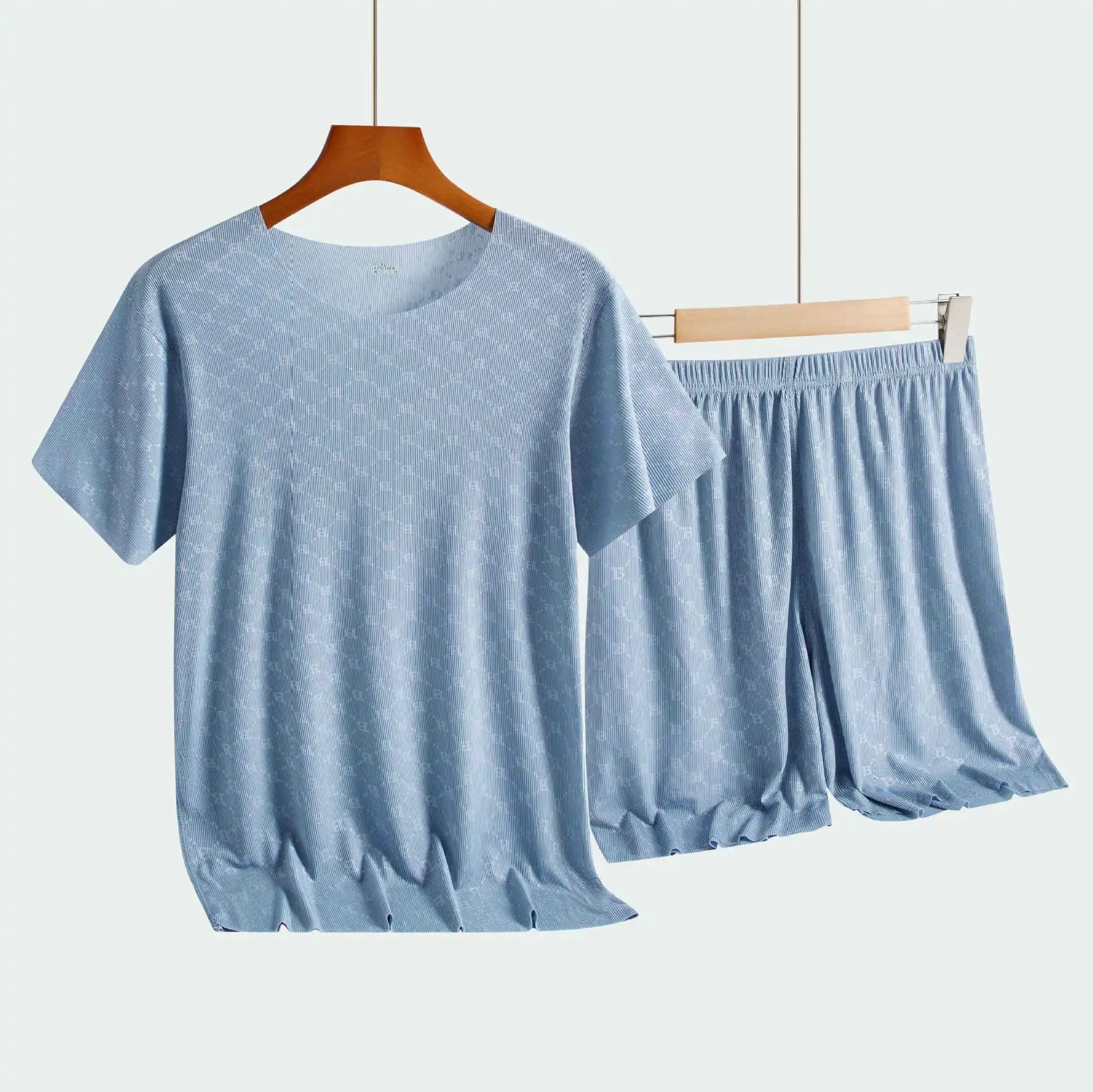 Men’s Summer Ice Silk Pajama Set – Printed Short Sleeve & Pants