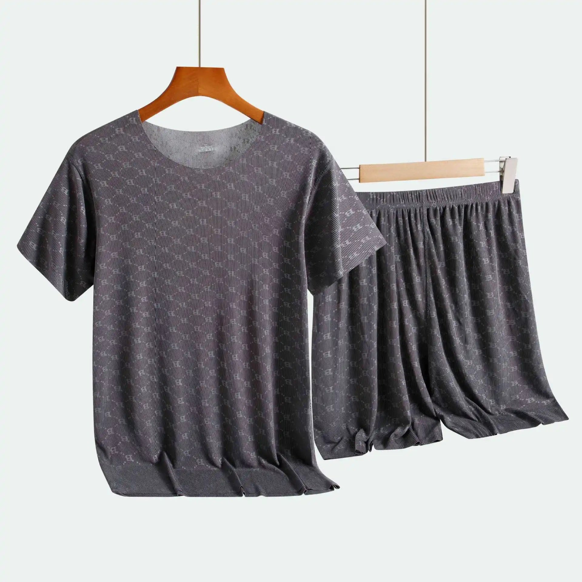 Men’s Summer Ice Silk Pajama Set – Printed Short Sleeve & Pants