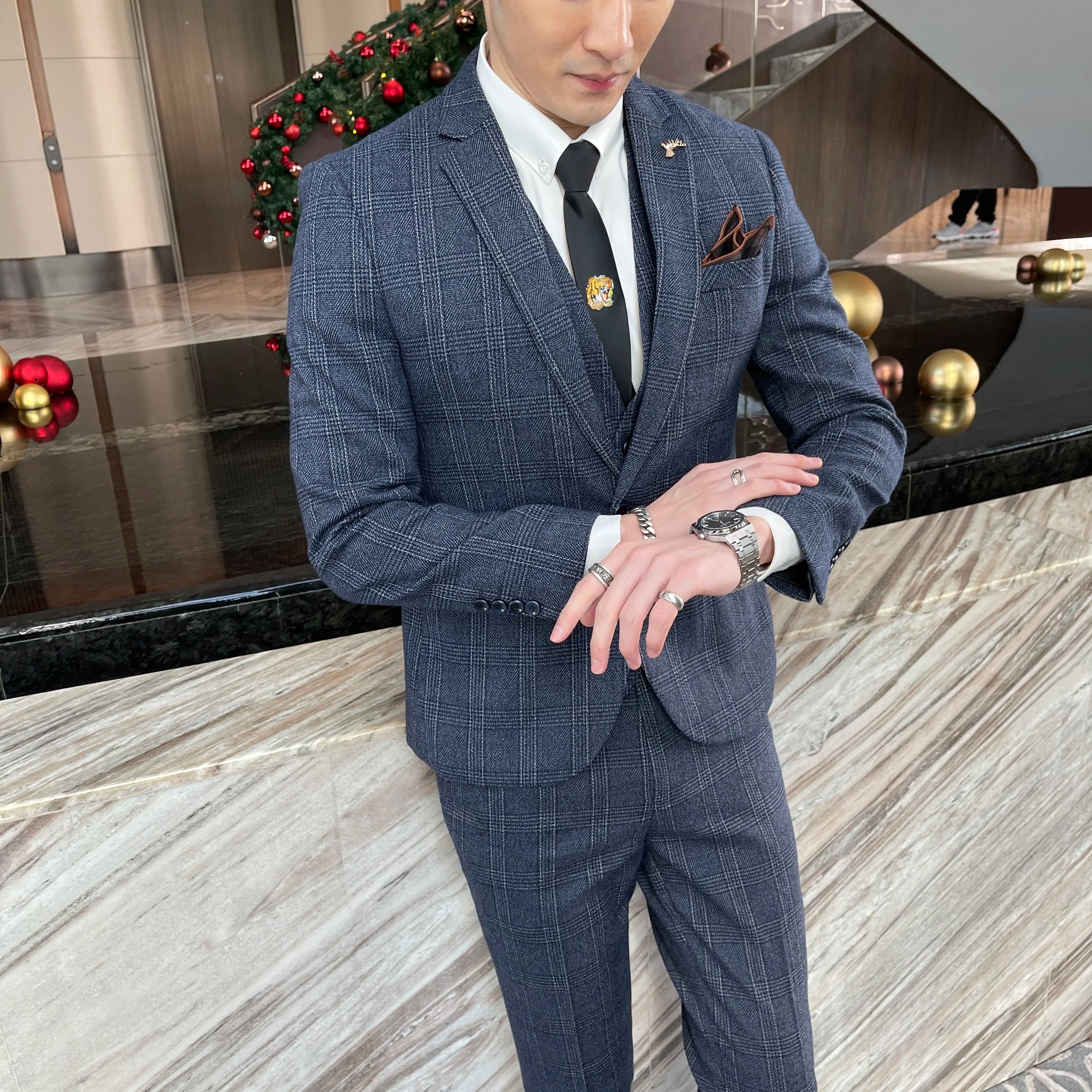 Men’s Korean Plaid 3-Piece Suit – Blazer, Vest & Trousers Set