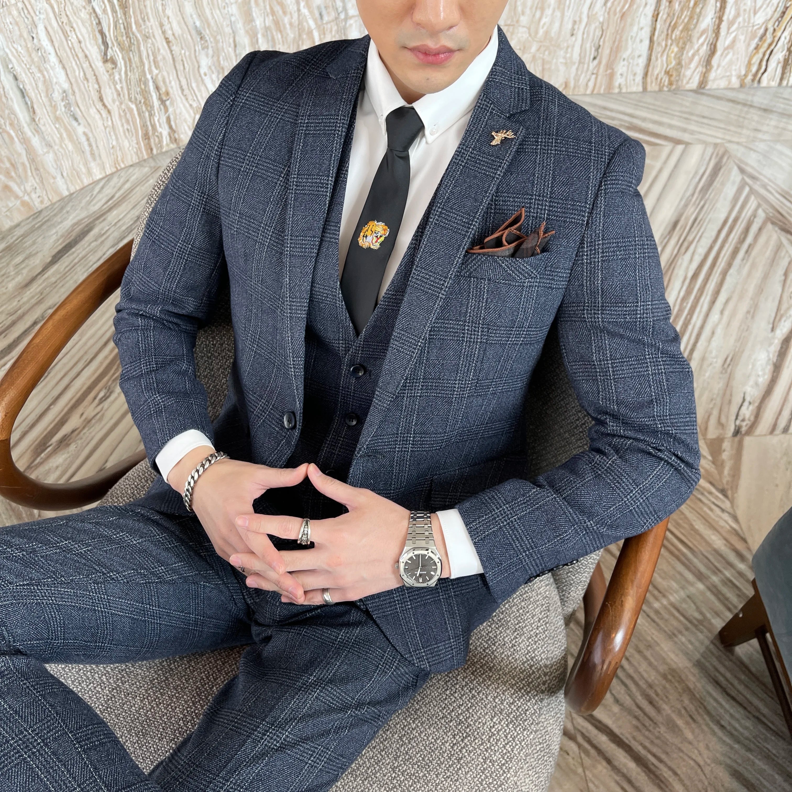 Men’s Korean Plaid 3-Piece Suit – Blazer, Vest & Trousers Set