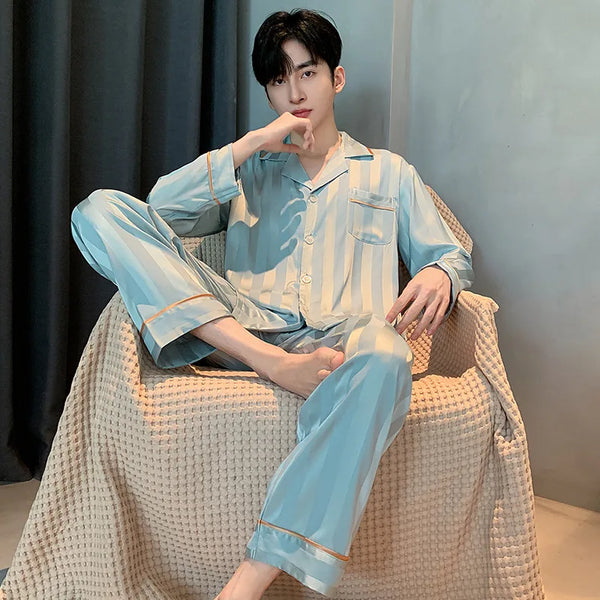 Men’s Ice Silk Pajama Set – V-Neck Striped Satin Sleepwear