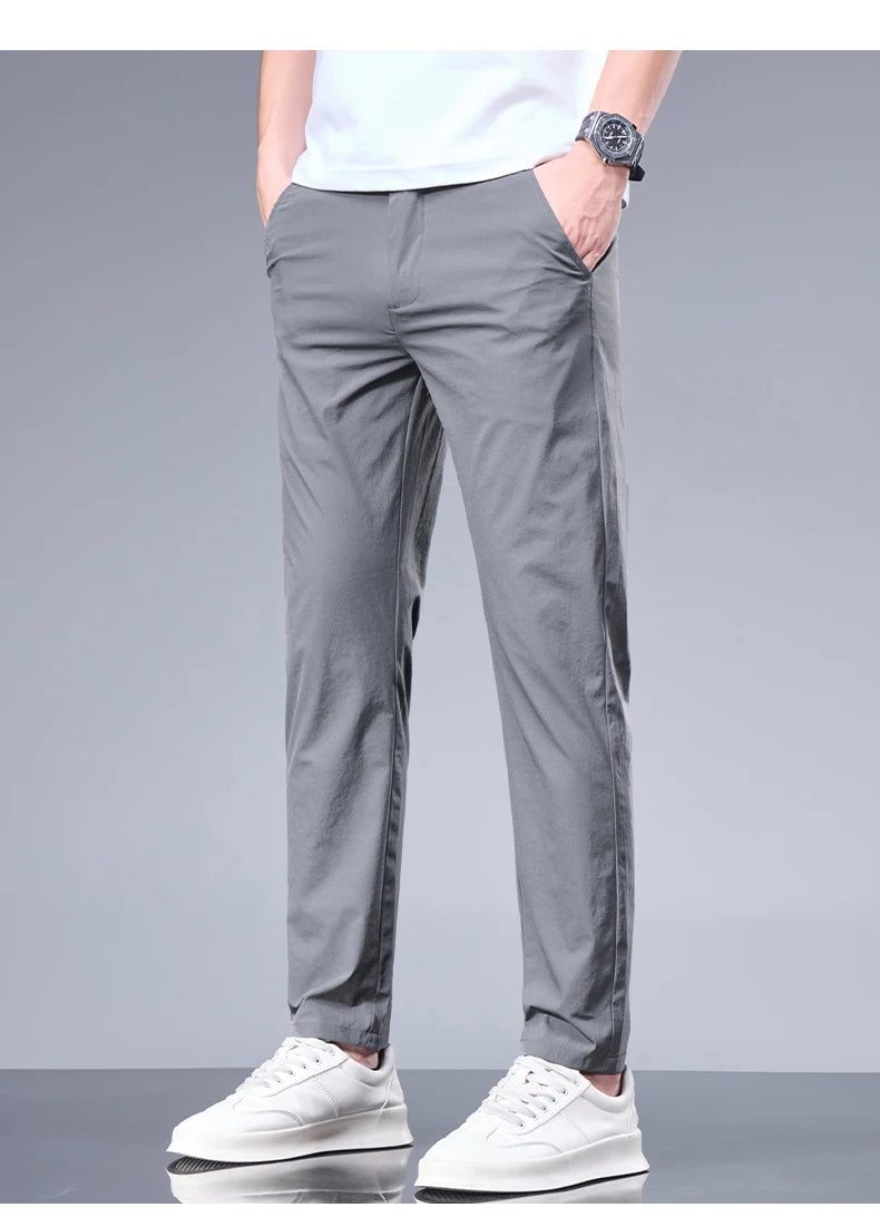Men’s Ice Silk Summer Pants – Elastic Waist Straight Trousers