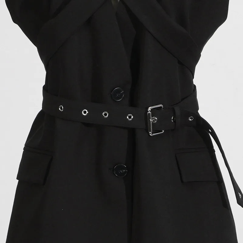 HKSH 2025 Spring Autumn New Women Tide Dark Niche Elegant Temperament Sleeveless Belt Lapel Blazer Chic Ins Y2K Waistcoat HK4714