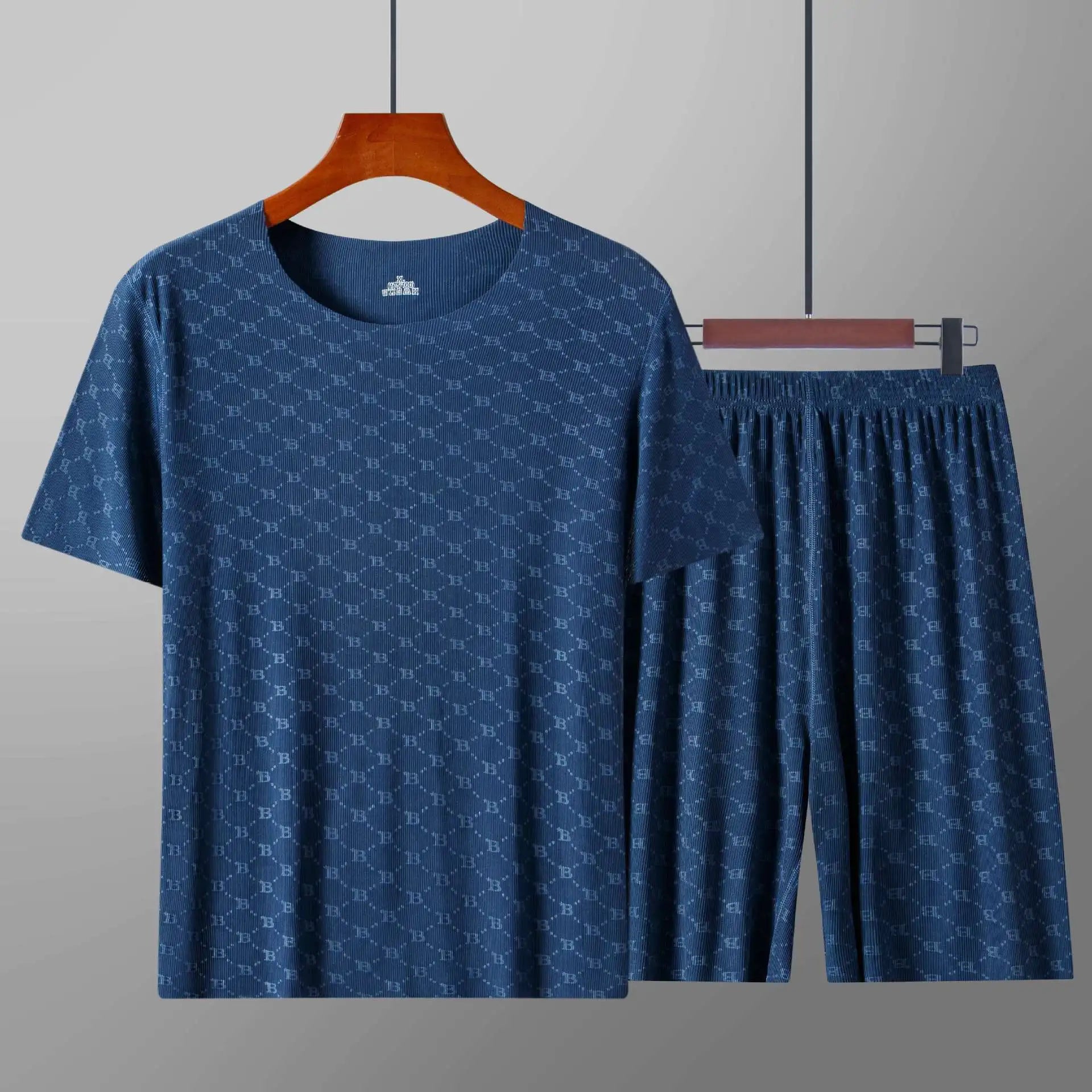 Men’s Summer Ice Silk Pajama Set – Printed Short Sleeve & Pants