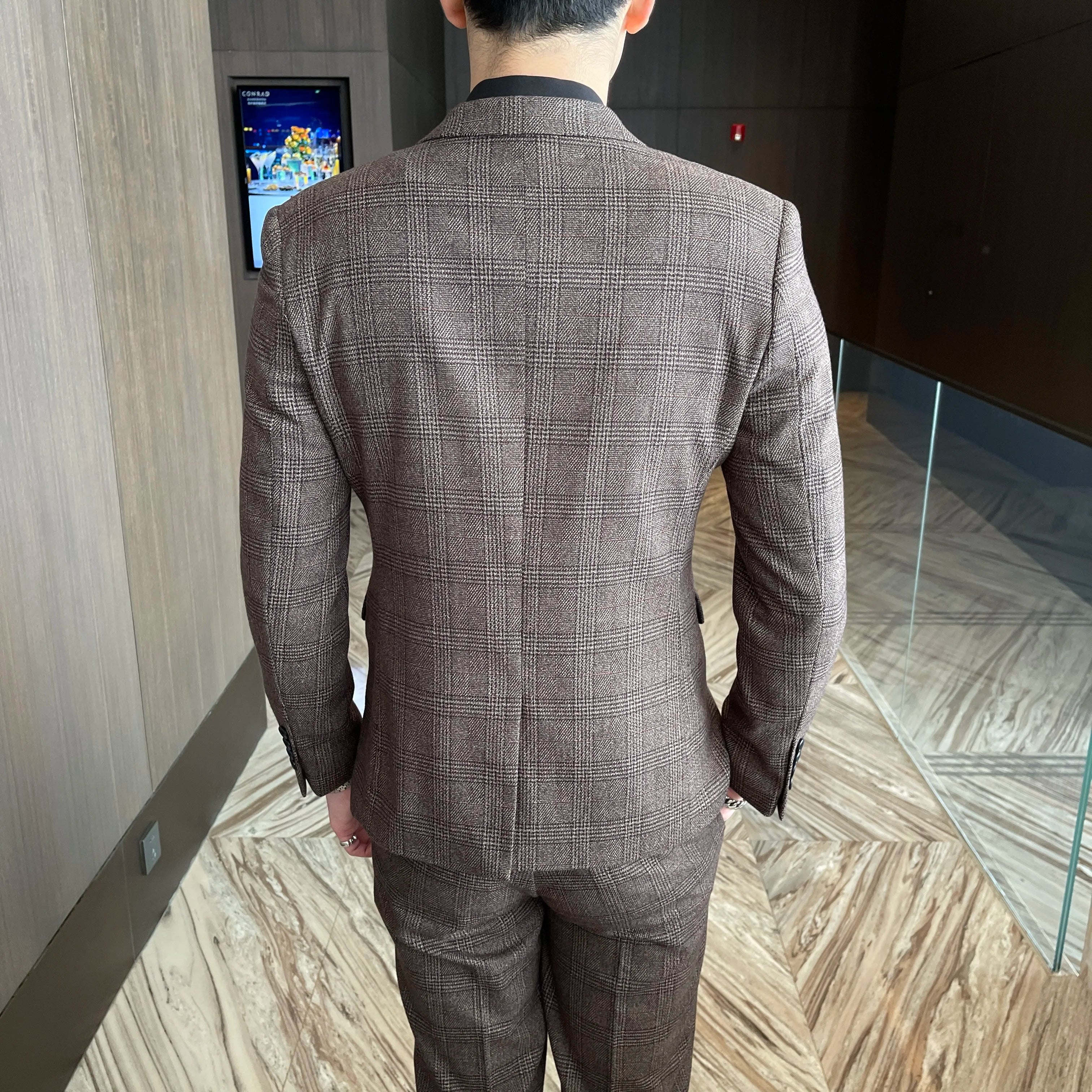 Men’s Korean Plaid 3-Piece Suit – Blazer, Vest & Trousers Set