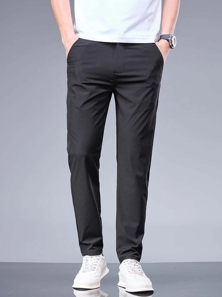 Men’s Ice Silk Summer Pants – Elastic Waist Straight Trousers