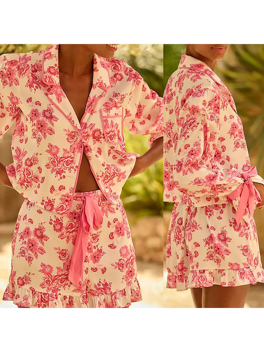 Women’s Floral Pajama Set – Long Sleeve Shirt & Shorts