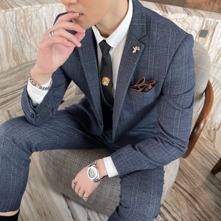 Men’s Korean Plaid 3-Piece Suit – Blazer, Vest & Trousers Set